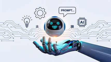 Robotic hand holding smiling spherical robot with “PROMPT…” speech bubble and tech icons on circuit-style background