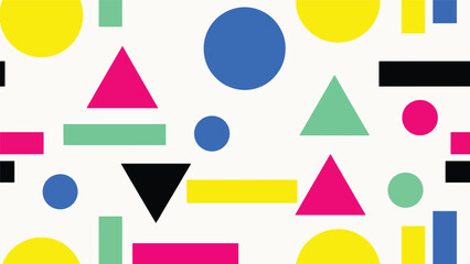 Modern geometric vector wallpaper featuring clean circles, triangles, and rectangles in a balanced flat composition with bold solid colors, minimal abstract background