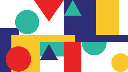 Modern geometric vector wallpaper featuring clean circles, triangles, and rectangles in a balanced flat composition with bold solid colors, minimal abstract background