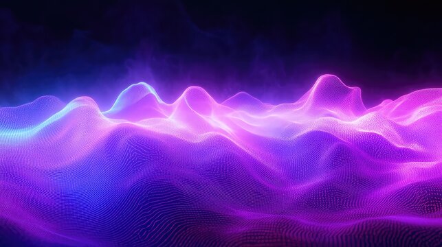 Digital wave pattern generates a futuristic glowing landscape with vibrant blue and purple neon particles, illustrating concepts of technology, data, sound, network, and abstract digital art - Powered by Adobe
