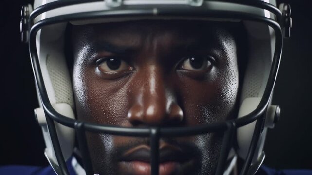 Intense close-up of a determined athlete in a protective helmet, showcasing profound focus and powerful readiness for sports competition