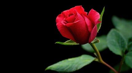 A stunning red rose stands elegantly with its velvety petals and fresh green leaves. This close up captures the flower's natural beauty in a dark setting emphasizing its rich color.