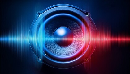blue and red speaker pulsates with light soundwaves on a dark background, Generated with AI.
