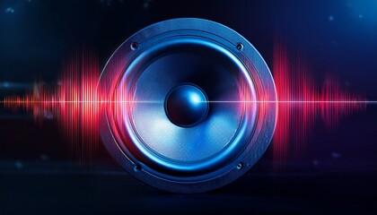 blue and red speaker pulsates with light soundwaves on a dark background, Generated with AI.