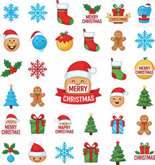 Cute Christmas Emoji Icon Set , Santa Claus, Gingerbread Man, Tree, Gifts and Festive Holiday Symbols Vector