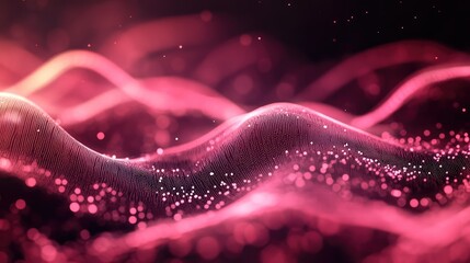 Abstract digital wave of glowing pink particles flowing across a dark background, illustrating concepts of modern technology, data, sound, and fluid dynamics