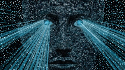 A digital portrait of a face, exhibiting intricate patterns of light emanating from the eyes, showcasing a technological and futuristic theme.