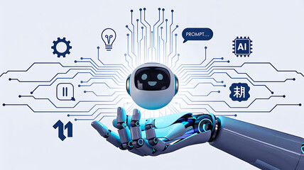 Robotic hand holding spherical robot with digital face surrounded by tech icons on light background