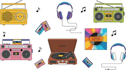 Colorful Retro Audio Vector Collection Featuring Boomboxes, Cassette Tapes, Turntable, and Headphones for Vintage Music and 80s Design