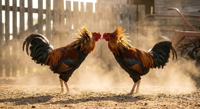 Two roosters facing off in a dusty farmyard confrontation