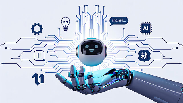Robotic hand holding spherical robot with digital face surrounded by tech icons on light background - Powered by Adobe