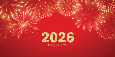 Fireworks with gold 2026 digits on red background, glowing New Year typography, festive sparkles for Chinese New Year and Lunar New Year celebrations. Great for banners, posters, social media headers.