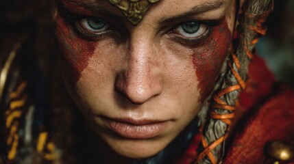 A fierce woman stares directly at the viewer with striking blue eyes. Her face is adorned with red paint and intricate tribal decorations.