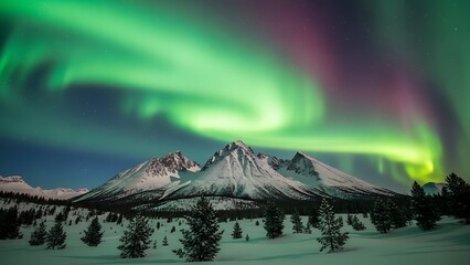 Aurora Borealis Over Snowy Mountain Landscape