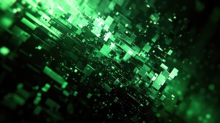 Abstract background presenting a dynamic flow of glowing green rectangular blocks and particles, representing data processing, virtual reality, and technological connections