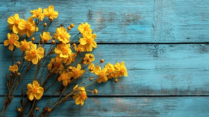Bright yellow wildflowers are delicately arranged on a vibrant blue wooden surface creating a cheerful and inviting spring scene. The colors contrast beautifully adding warmth.