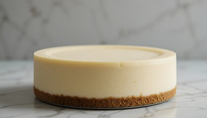 Minimalist close-up of a whole plain cheesecake.