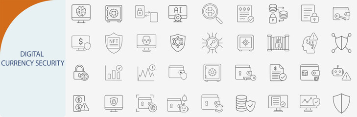 Digital currency security icon set, blockchain protection vector illustration