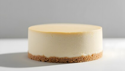 Minimalist close-up of a whole plain cheesecake.