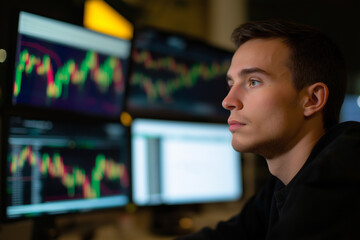 A young trader intensely analyzing financial market data on multiple screens, showcasing the fast-paced world of finance and the focus needed for successful trading decisions.