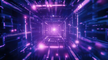 Abstract technological tunnel leading into a bright light, visualizing information travel, data transfer, fast network connection, and futuristic digital communication within a virtual space