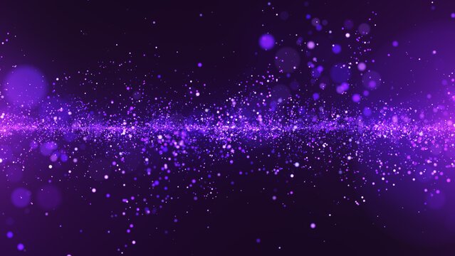 Abstract background of cosmic purple particles forming a line with a bokeh effect. Cinematic luxury particles background. Violet particles in the space. Milky Way, galaxy, planets, cosmos. Cosmic dust
