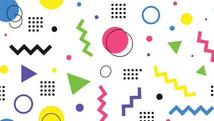 Modern Memphis seamless vector wallpaper with abstract geometric shapes, playful circles, zigzag lines, dots, and triangles in a clean flat design with bold solid colors