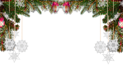 PNG image of Festive christmas border design featuring green pine branches silver snowflakes and hanging ornaments against a for holiday celebration on transparent background