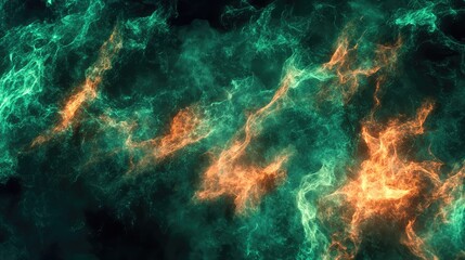 Obraz premium Abstract cluster of bright orange and green gaseous particles forming an intricate energy pattern across a dark background, representing cosmic dust or energetic nebula