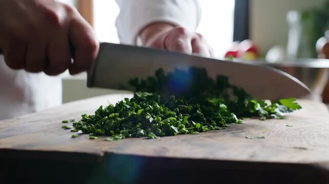 Chefs Precision - Chopping Fresh Parsley for Culinary Excellence.