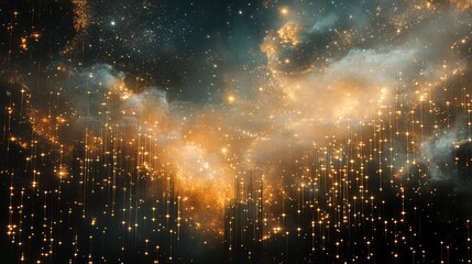 Golden glittering particles forming glowing light trails falling from interconnected clouds and a starry cosmic sky, creating an abstract and ethereal digital background