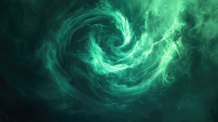 Green energy lines are swirling in a dynamic vortex shape, creating a vibrant abstract smoke effect on a dark background, representing ideas of power, flow, and motion