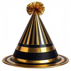 Gold and black striped party hat with tassel, white background