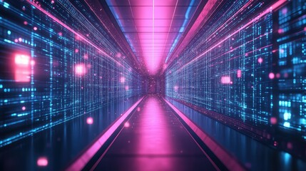 Futuristic digital tunnel of glowing data streams and neon lines, conveying high speed networks, cyberspace connectivity and virtual information flow in a 3d perspective corridor