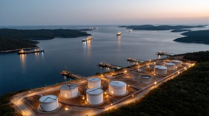 Stunning aerial view of an oil and gas plant with storage tanks and factory buildings near a tranquil harbor during dawn at a serene coastal location