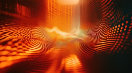 Abstract orange and red digital lines and dots forming a flowing network pattern, representing data visualization, technology, communication, and connectivity in a dynamic, undulating form