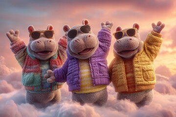 Drei fr&ouml;hliche Nilpferde mit Sonnenbrillen und bunten Jacken vor Himmelshintergrund