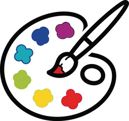 Solid outline of paint palette with brush crossing, creative arts line vector in multicolor solid pigment spots, artist studio graphic
