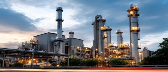 Industrial oil and gas plant illuminated at dusk against a vibrant twilight sky showcasing energy and activity