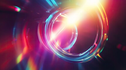 Shimmering neon rings moving through a dark space, creating a vibrant light effect with colorful flares representing technology, data, and digital connection