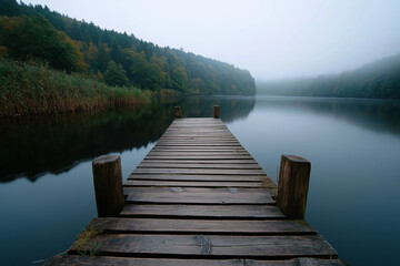 Obraz premium A peaceful wooden dock stretches into a calm lake surrounded by lush trees, enveloped in morning fog, creating a serene and tranquil atmosphere perfect for reflection.