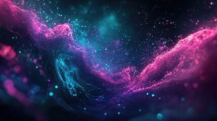Abstract particle flow showing vibrant pink and blue colors creating a dynamic energy field with glistening light effects and swirling motion on a dark background