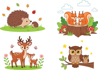 Adorable Hand-Drawn Forest Woodland Animals Vector Set Featuring Mothers and Babies for Children's Stories and Nursery Decor Prints