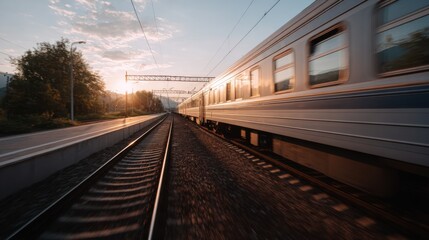 Fototapeta premium Modern train moves swiftly into the station as the sun sets. Warm light highlights the train and tracks, creating a vibrant scene at golden hour