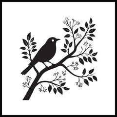 A cute cartoon vector illustration of a bird perched on a floral spring tree branch with green leaves and artful nature design elements