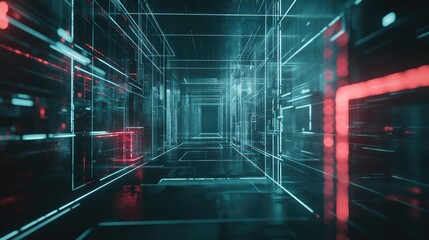 Digital network tunnel displaying intricate glowing lines and abstract data streams, representing concepts of artificial intelligence, connectivity, and virtual reality in a futuristic environment
