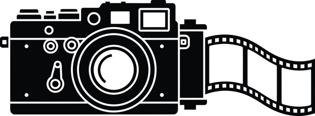 Black outline of vintage camera with film roll spooling out, photography nostalgia solid black fill, minimalist line art vector for creative industry