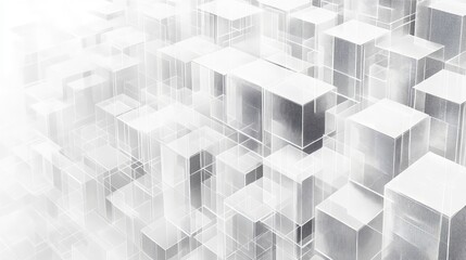 Fototapeta premium Abstract background presenting a futuristic urban landscape built from transparent and solid geometric cube structures, creating a clean, modern, and interconnected architectural concept