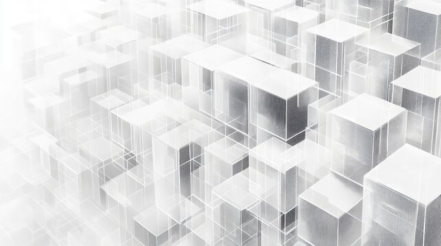 Abstract background presenting a futuristic urban landscape built from transparent and solid geometric cube structures, creating a clean, modern, and interconnected architectural concept
