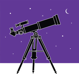 Black line drawing of telescope on tripod stand, astronomy exploration solid purple sky accents, space observation vector graphic